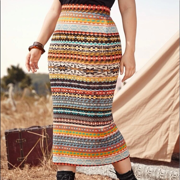 Boho Plus Size Aztec Geo Print High Waist Pencil Fitted Skirt - Picture 2 of 7